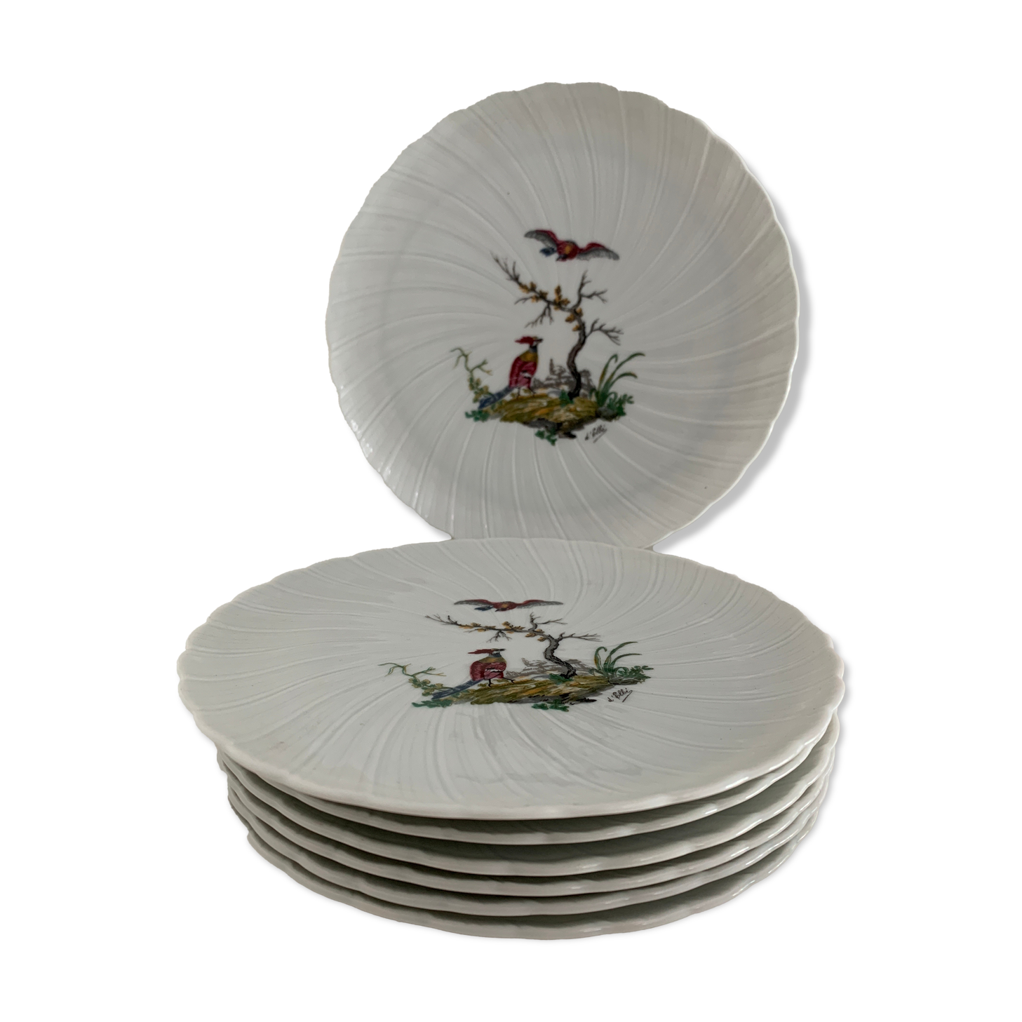 8 Bernardaud and Co. dessert plates signed Elbé, Limoges porcelain, decorated with birds