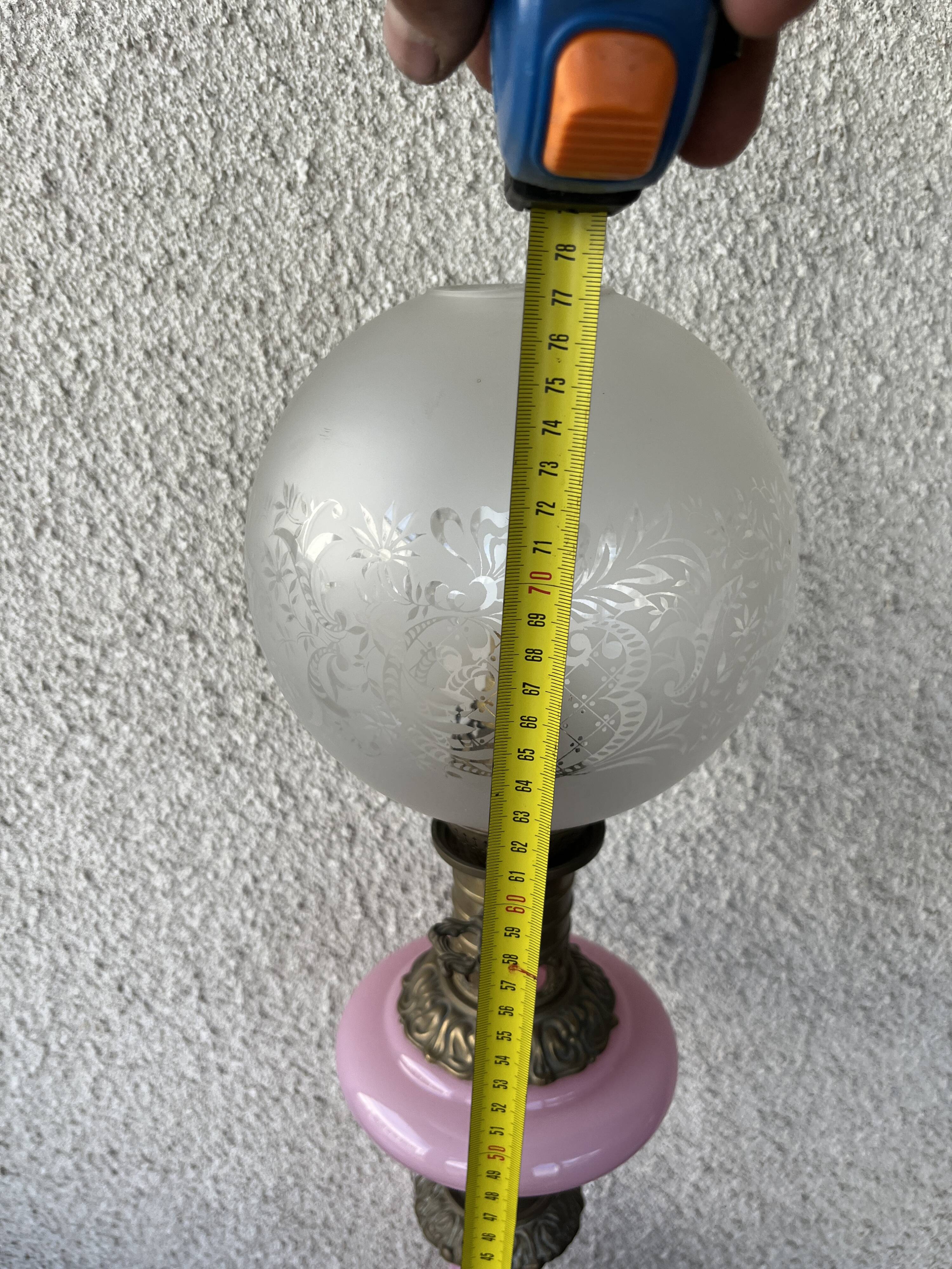Large antique lamp in pink opaline and brass with engraved globe