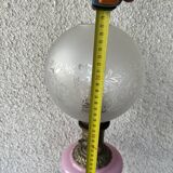 Large antique lamp in pink opaline and brass with engraved globe