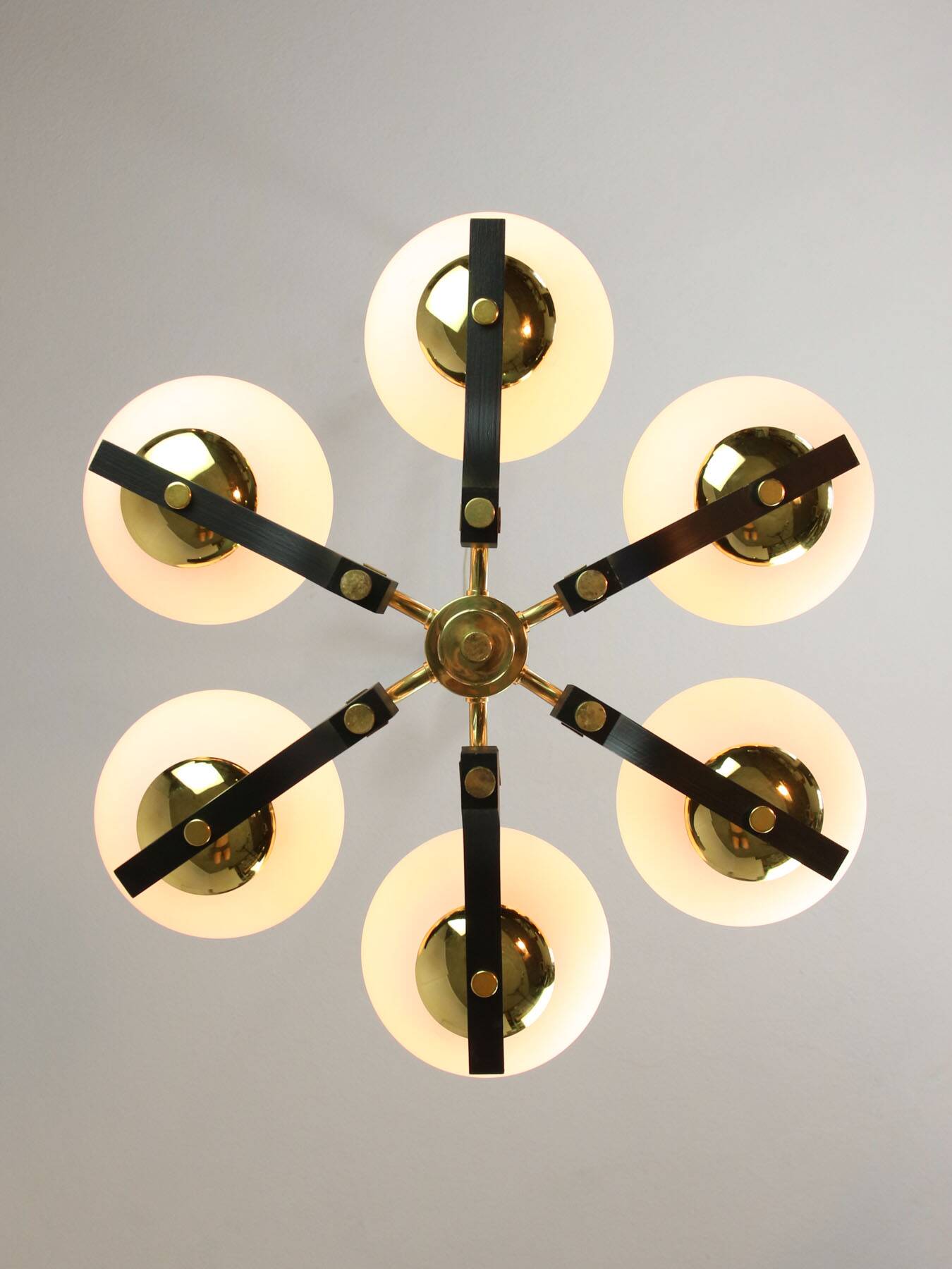 Mid-Century Modern Italian Brass and Opaline Chandelier