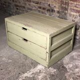 Meuble de rangement table basse en bois et fer vert pastel patiné