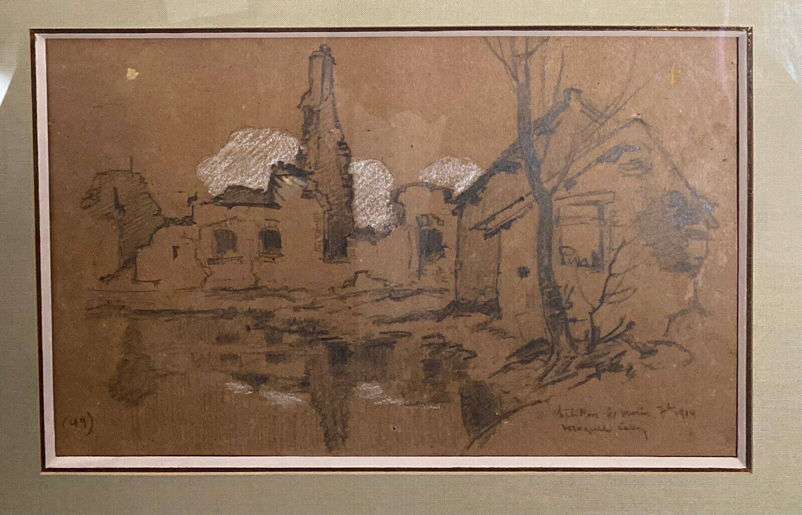 Drawing on paper by Léon Broquet Chatillon-sur-Morin Marne 1914