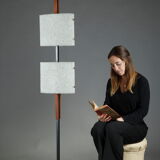 Scandinavian floor lamp in black lacquered steel and teak with two diffusers