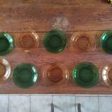 Set of 10 vintage Arcopal glass dessert plates green and orange
