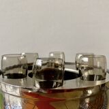 Chromed metal pear - 1 carafe and 6 amber crystal glasses - liquor cellar