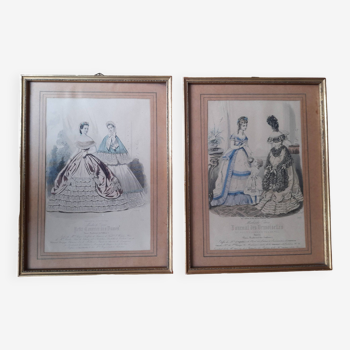 Ensemble de 2 cadres dorés gravure ancienne "Petit courrier des Dames" "journal des Demoiselles"