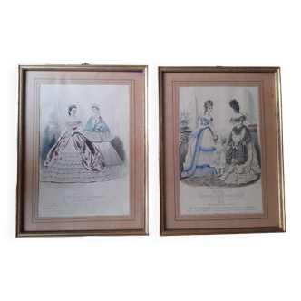 Set of 2 golden frames old engraving "Petit courier des Dames" "journal des Demoiselles"