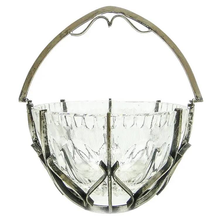 Sugar bowl, postmodernism, glass, silver-plated brass, HEFRA, Poland, 1970s