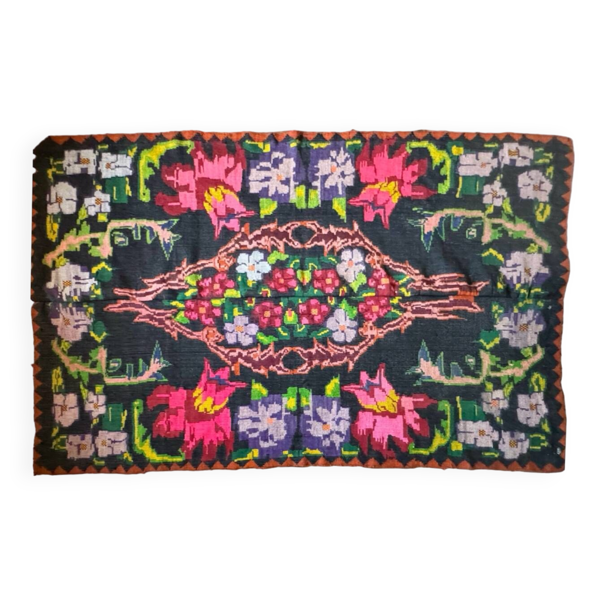 Bohemian floral design, handwoven wool rug, black background with colorful flowers