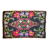 Bohemian floral design, handwoven wool rug, black background with colorful flowers