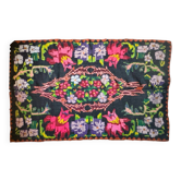 Tapis en laine tissé à la main, fond noir avec fleurs colorées