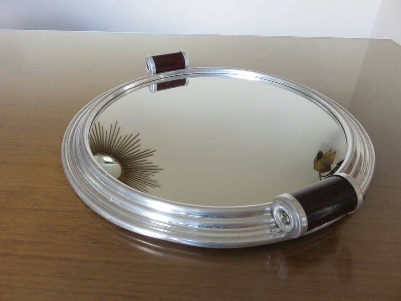 Round aluminum mirror top with wooden handles 40s 50s