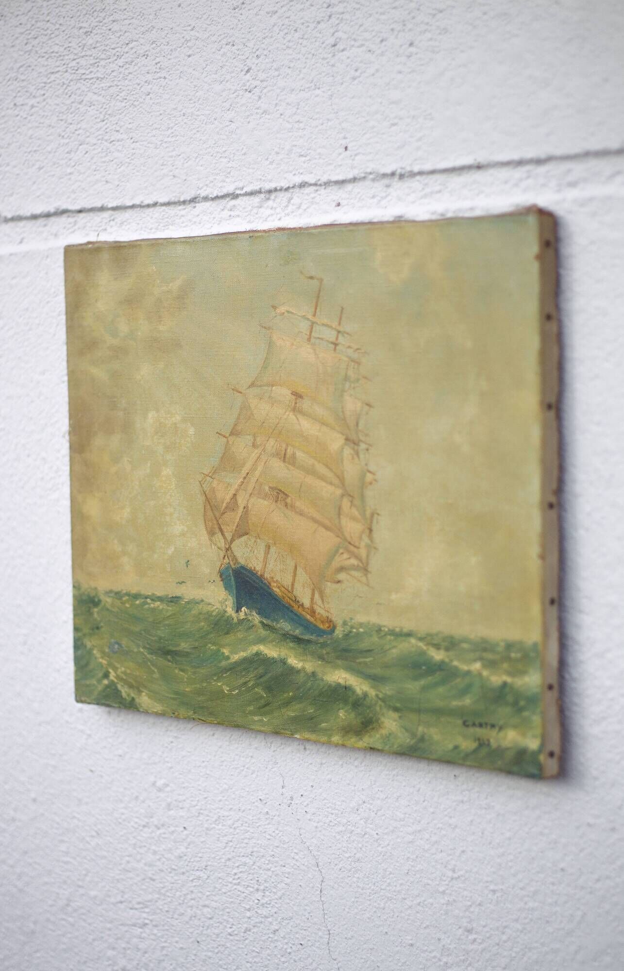 Signed marine painting, oil painting, ship at sea, wall decoration, 40's