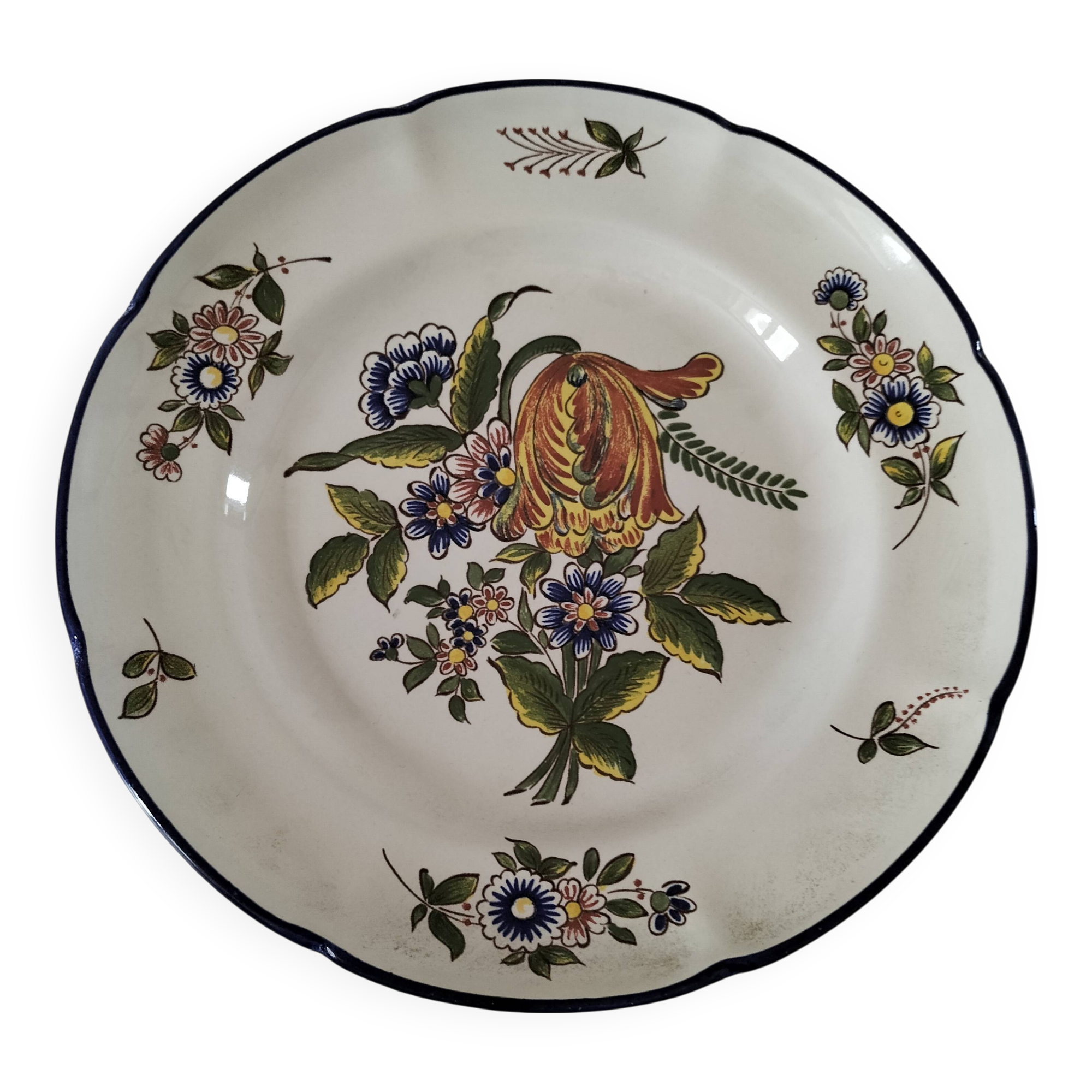 Assiette Ancienne Saint-Clément - Décor Floral - Diamètre 24 Cm - Faïence