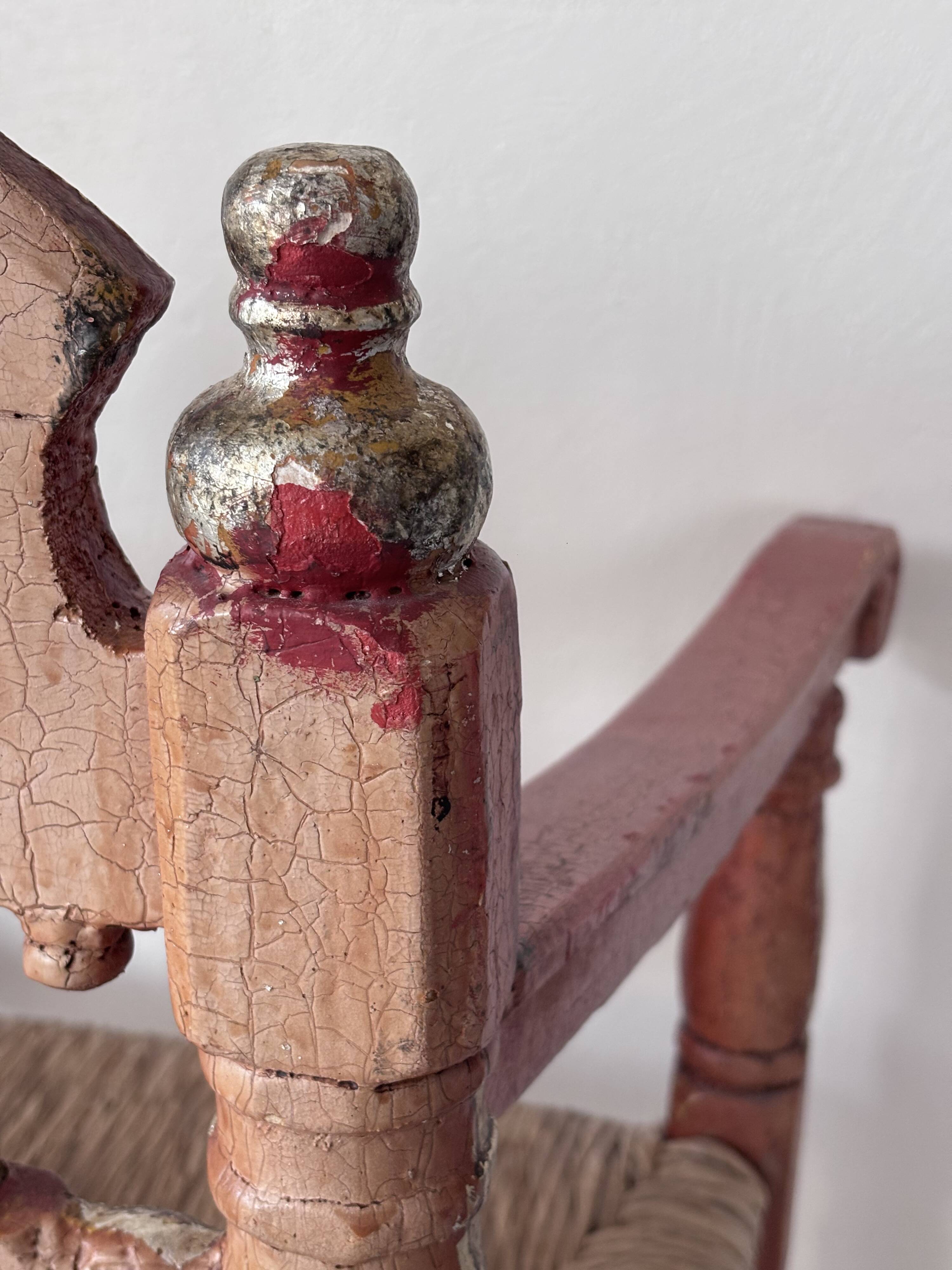 Vintage Spanish low chair in painted wood and straw (Majorca Andalusia)