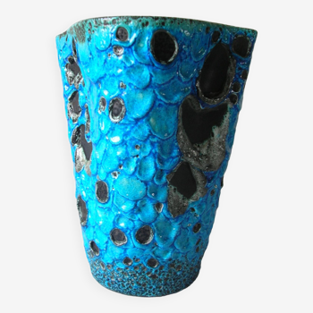 Ancien vase bleu en céramique terre cuite écume de mer 22 cm déco salon bureau