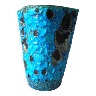 Ancien vase bleu en céramique terre cuite écume de mer 22 cm déco salon bureau