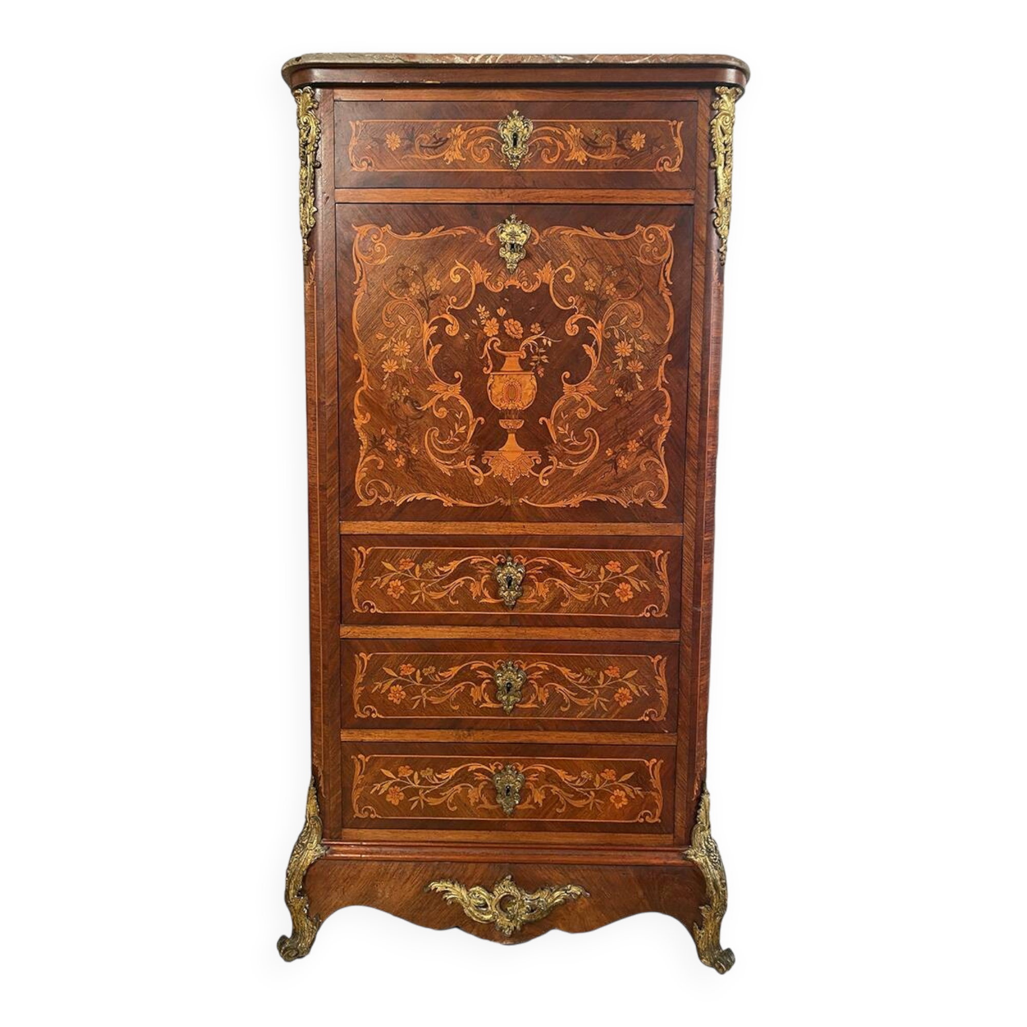 Secrétaire en bois marqueté, plateau de marbre. Napoléon III