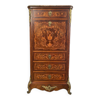 Marquetry wooden secretary, marble top. Napoleon III