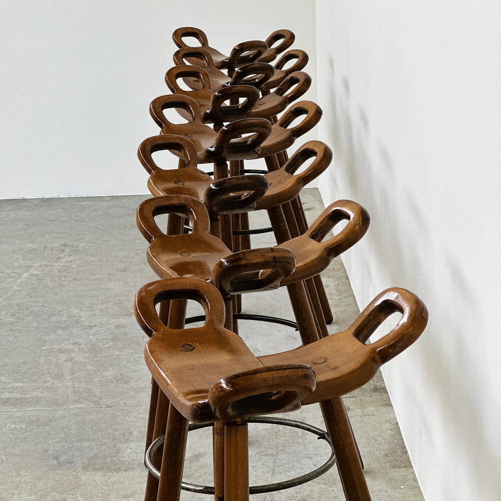 Vintage Sergio Rodrigues style bar stool, solid wood saddle stool, Brazilian modern