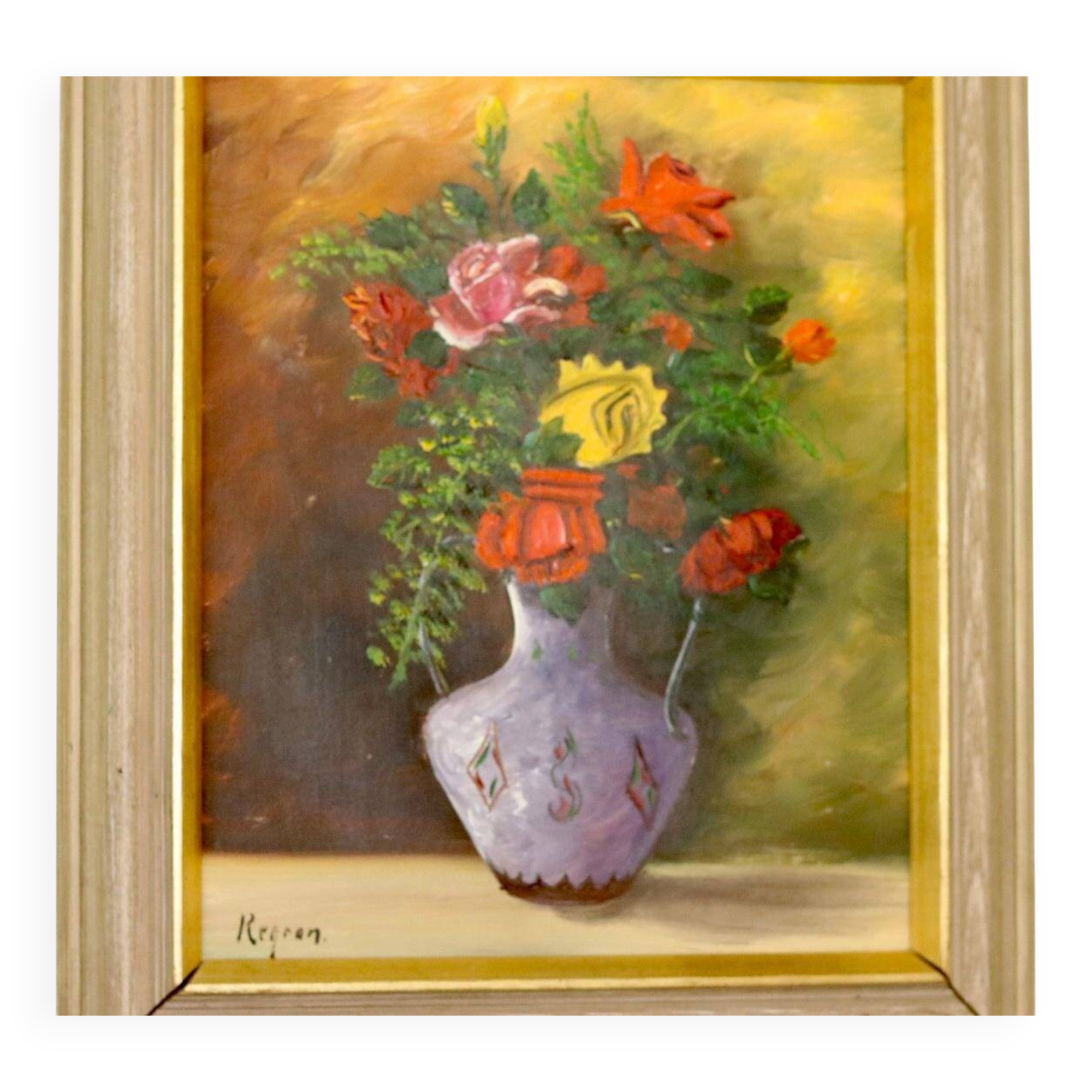 Original Swedish oil on panel "Flowers" by Regran - Vintage & Framed