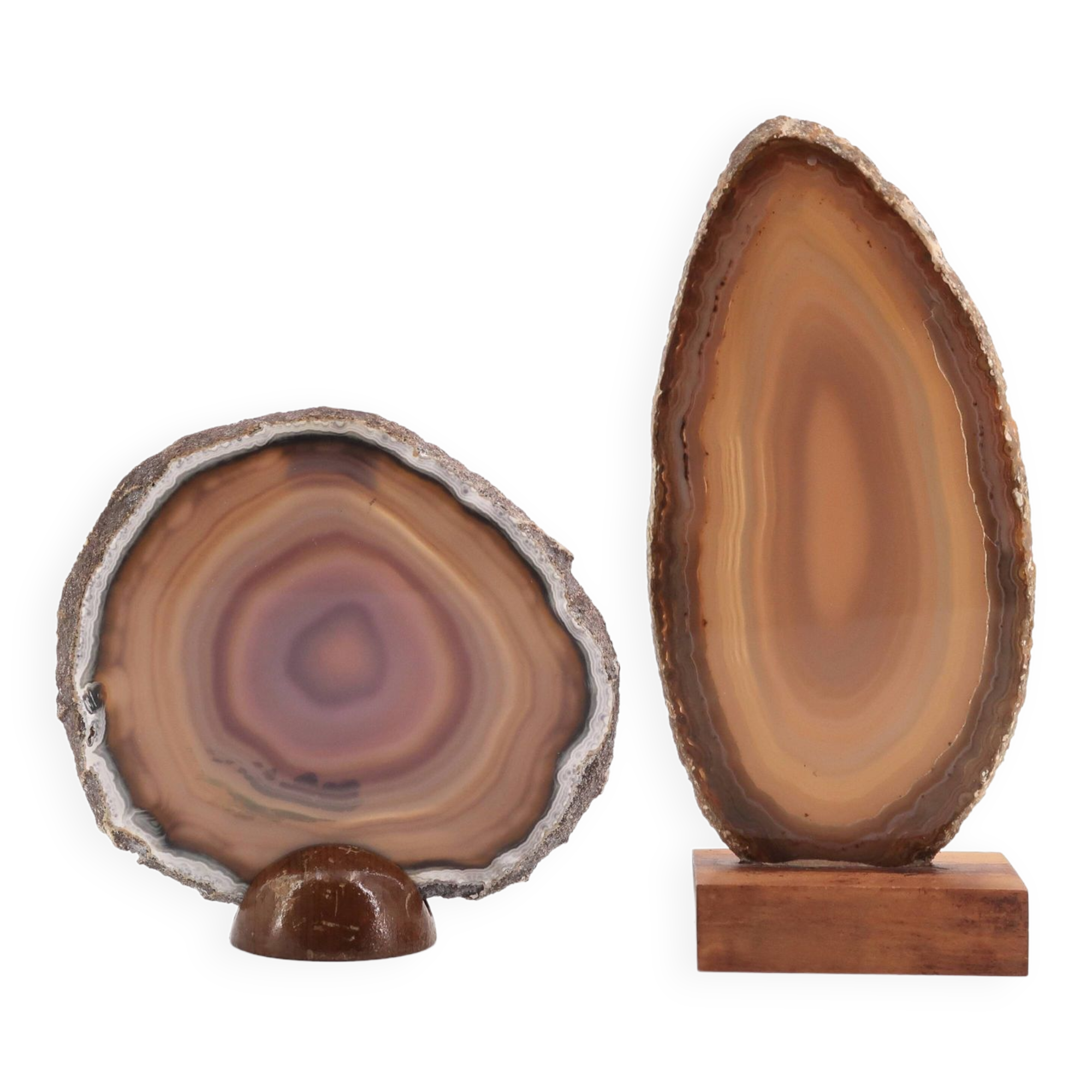 Two agate slices on wooden base, 1970s