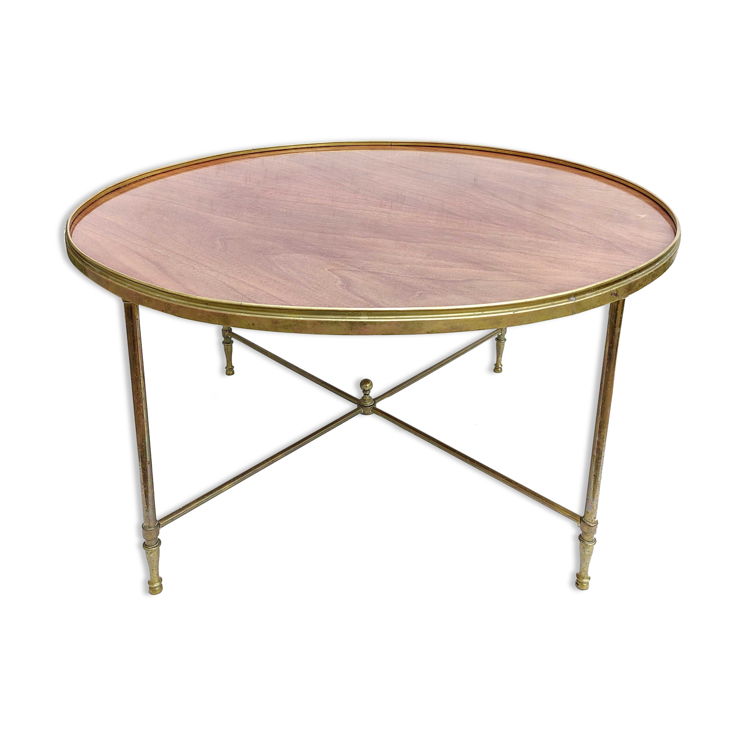 Round brass and wood coffee table
