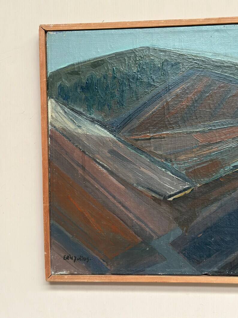 Original Swedish Oil on Canvas – “Glumslövs Backar” by Eric Julius – Signed – Vintage & Framed – 49 × 41 cm