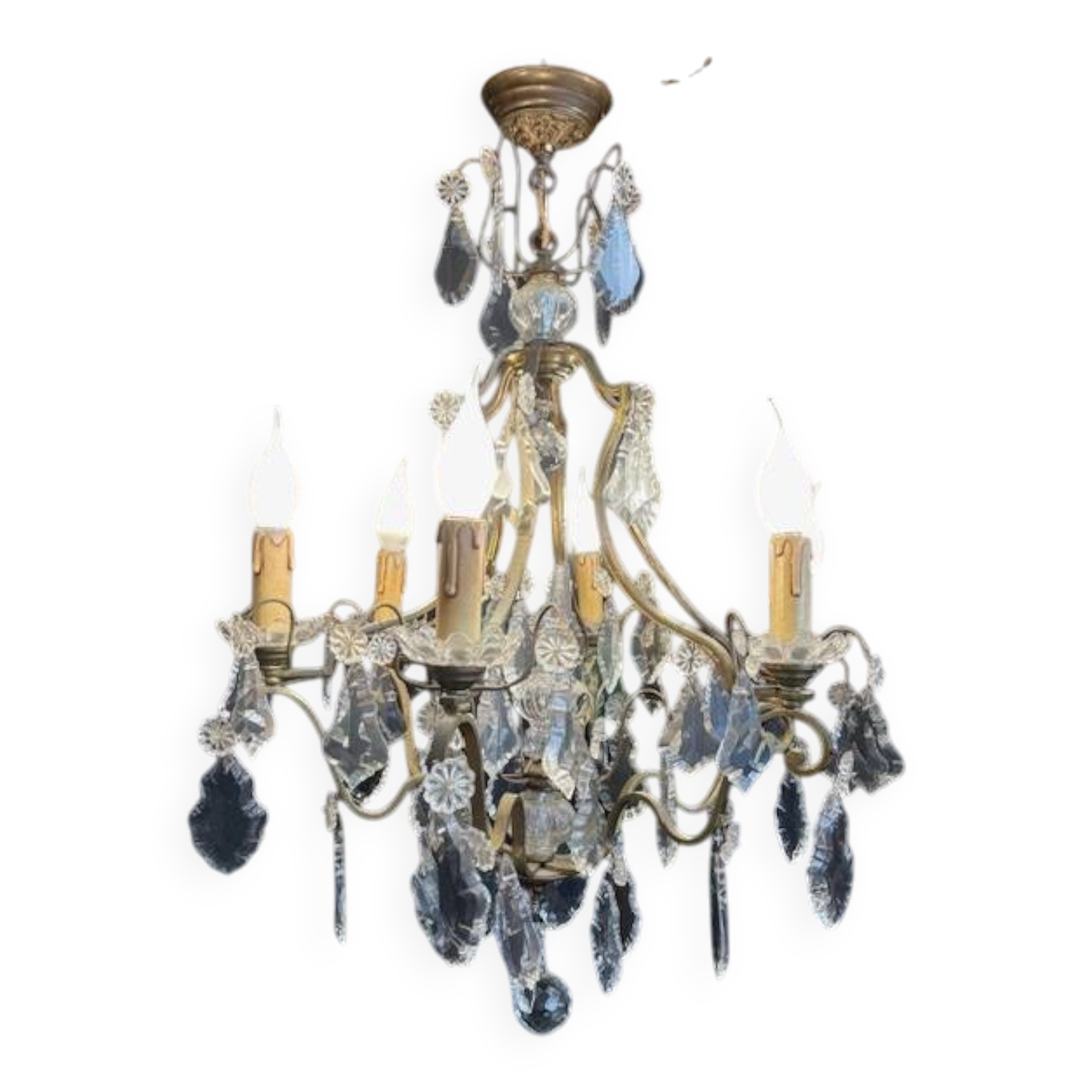 Antique chandelier with glass and gilded bronze pendants – 6 arms – Louis XV style