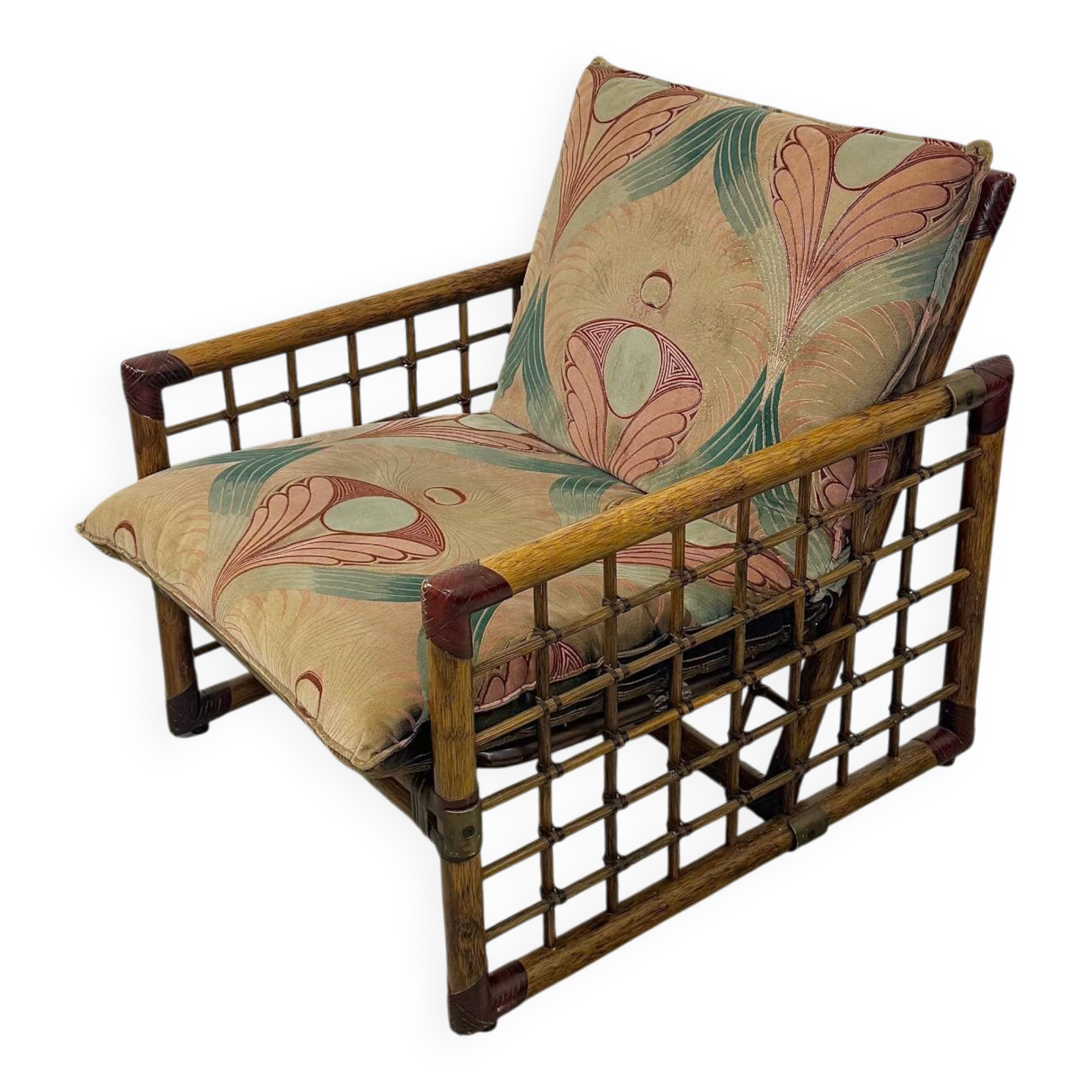 Chaise longue italienne des années 1970 en bambou, rotin, laiton et tissu style Liberty