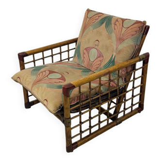 1970s Italian lounge chai in bamboo, rattan, brass and Liberty style fabric
