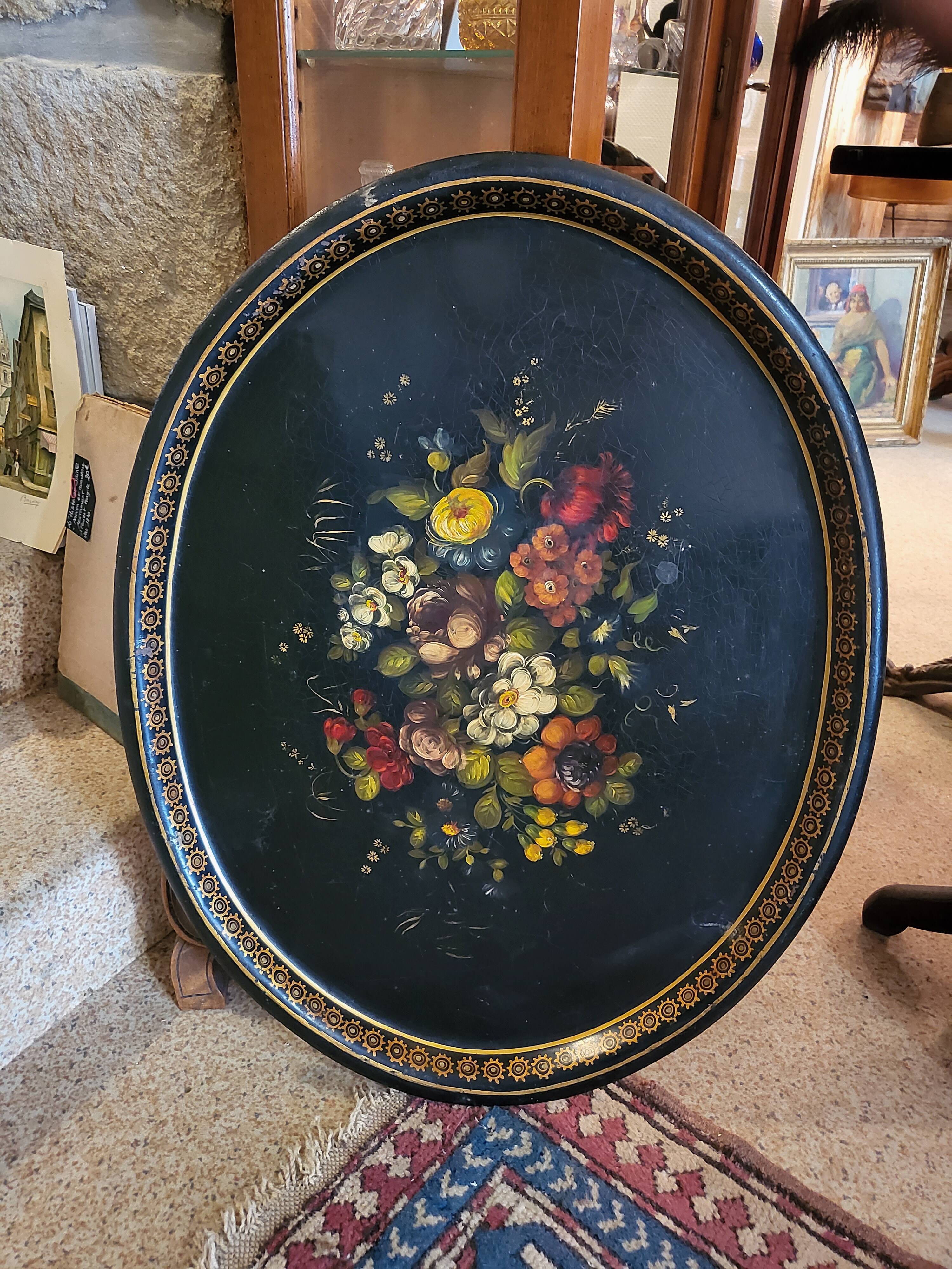 Old large tray with floral decoration