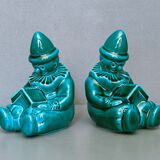 Pair of Art-Deco BookEnd Clowns drowsy in front of a book - glazed ceramics - 1930/1940