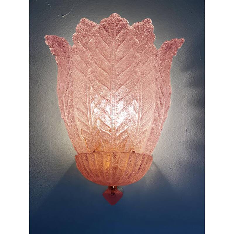 Contemporary Pink Murano Glass Leaf Wall Sconces - a Pair