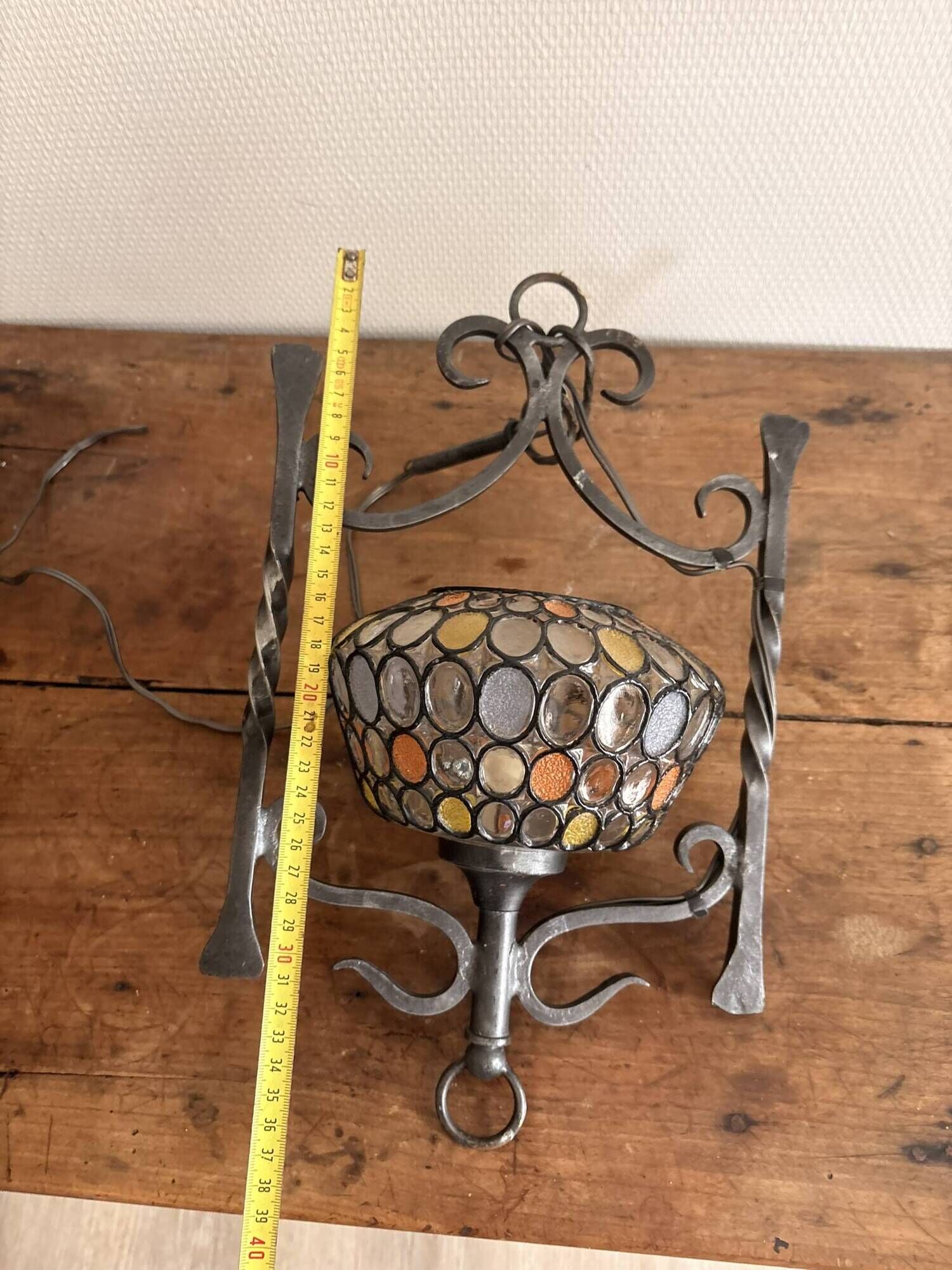 Colourful Stained Glass Wall Sconce with Wrought Iron and Cabochons Lamp