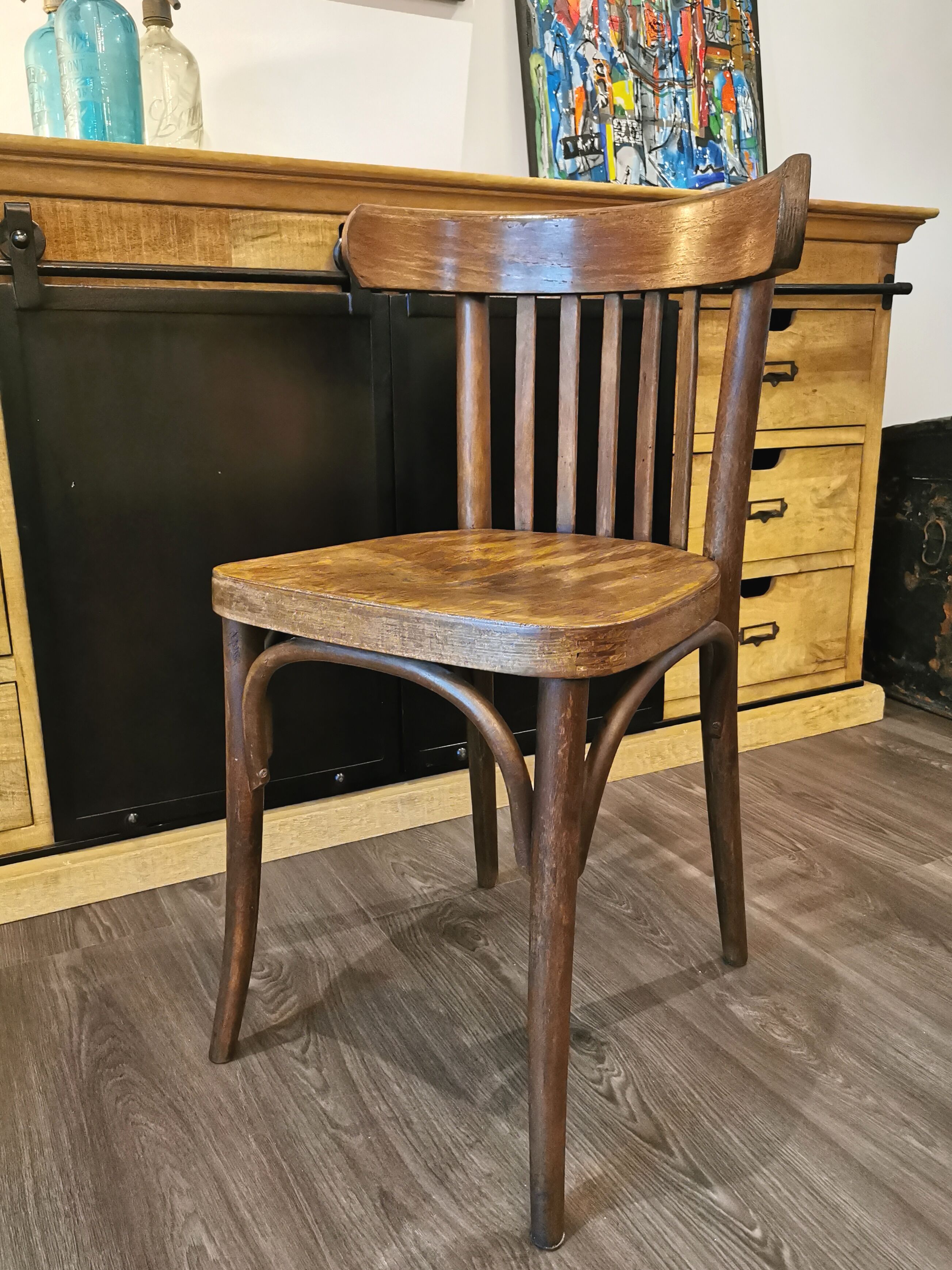 Series of 6 mismatched bistro chairs Baumann and Mahieu