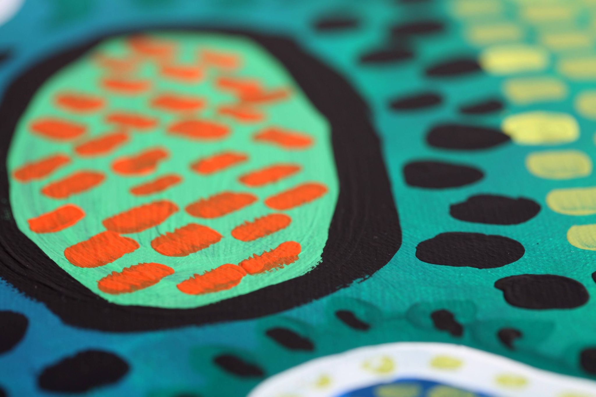 Peinture abstraite moderne verte, jaune, bleue et blanche avec techniques mixtes