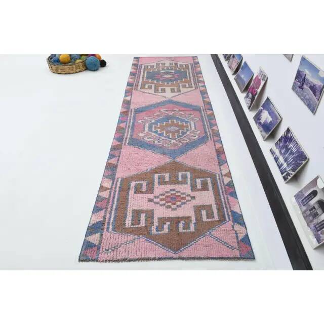 1970s Vintage Turkish Oushak Handmade Wool Cotton Pink Runner Rug 89x299
