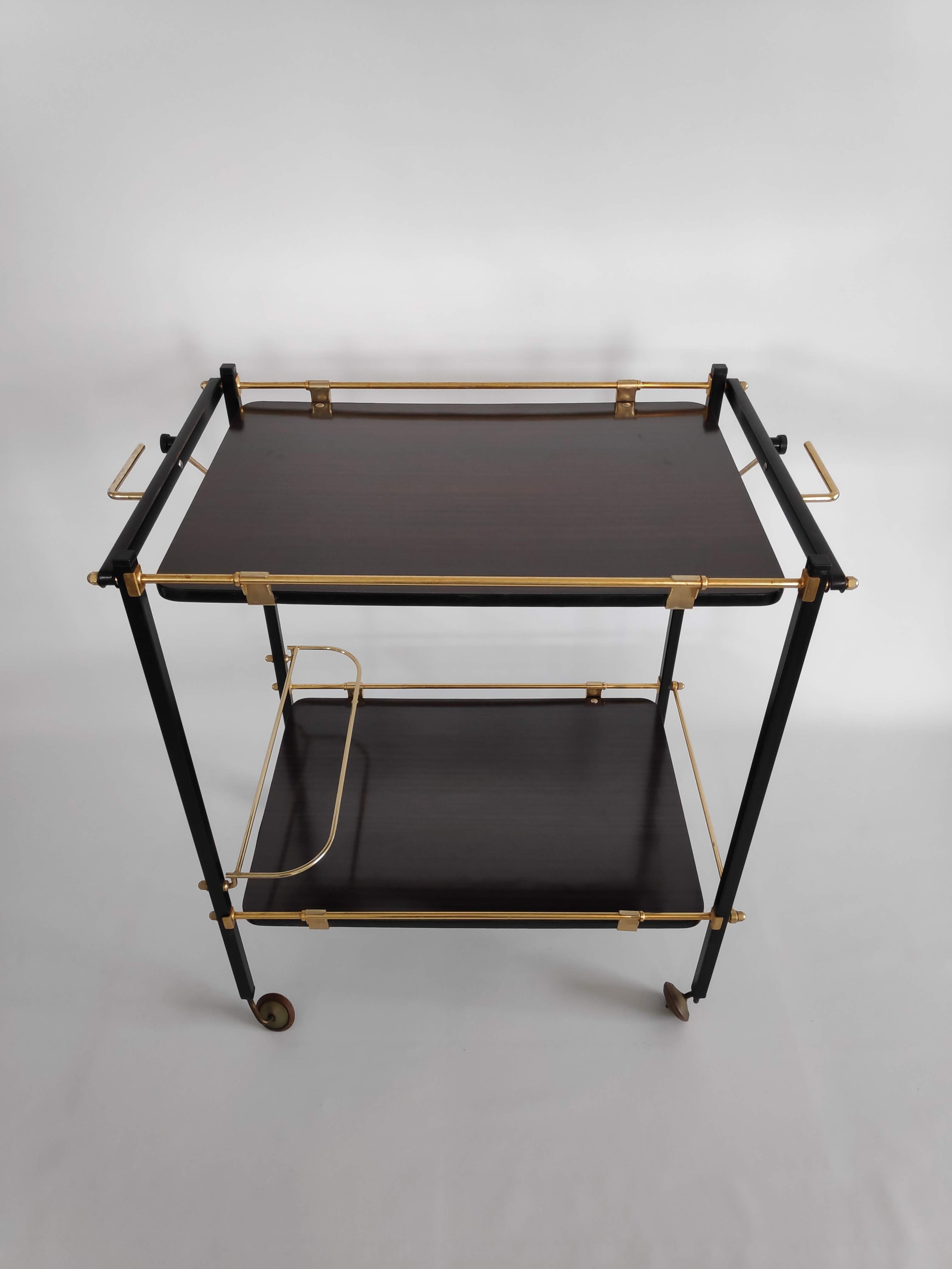 Side table with wheels in gilded metal and laminated veneer from the 70s