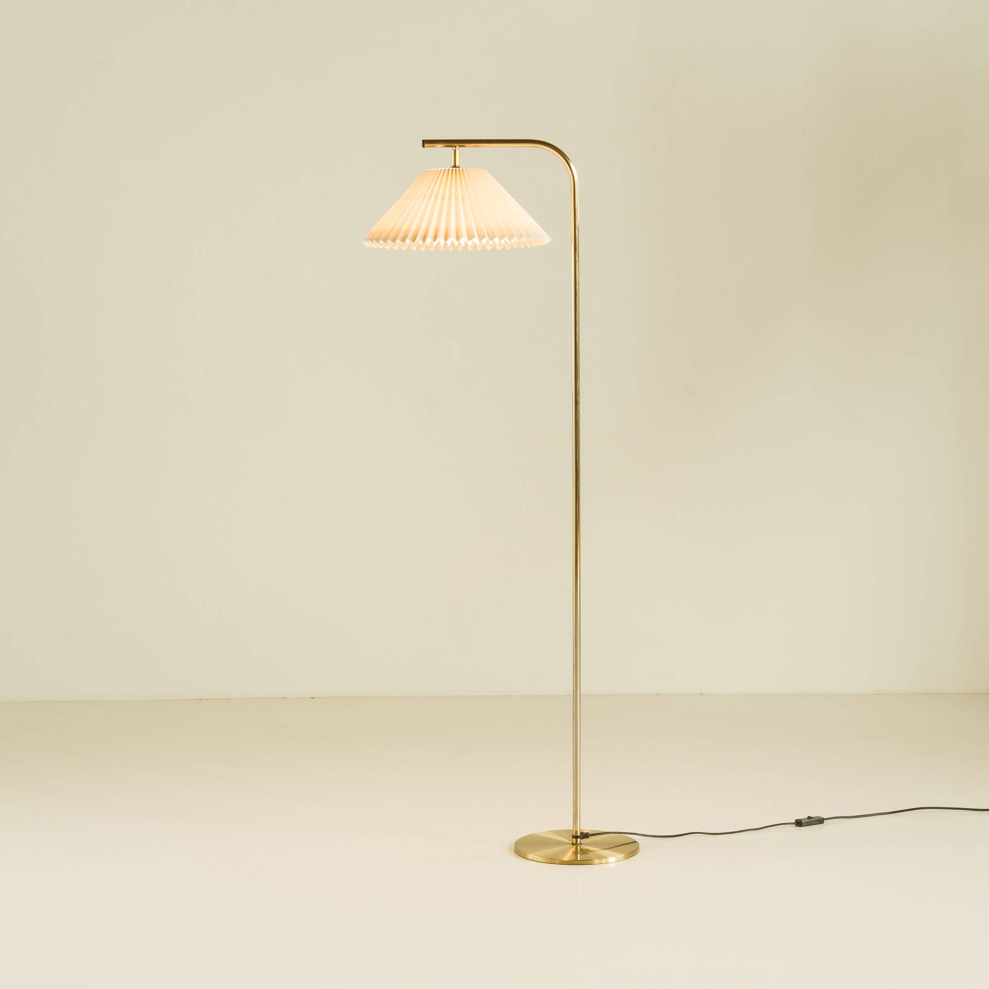 Danish brass floor lamp with Le Klint shade, 1970s