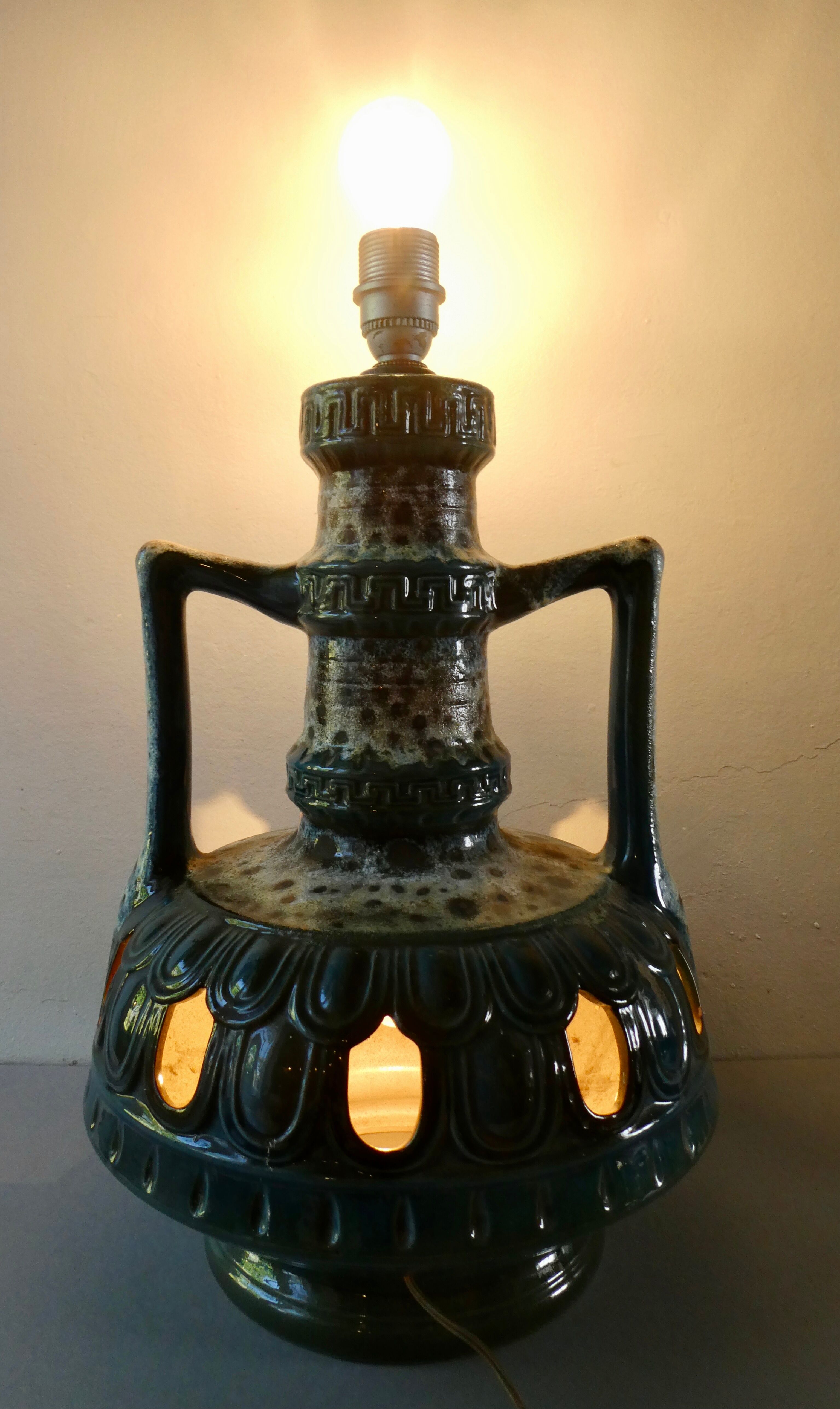 Blue ceramic floor lamp, Fat Lava, double lighting, 70s