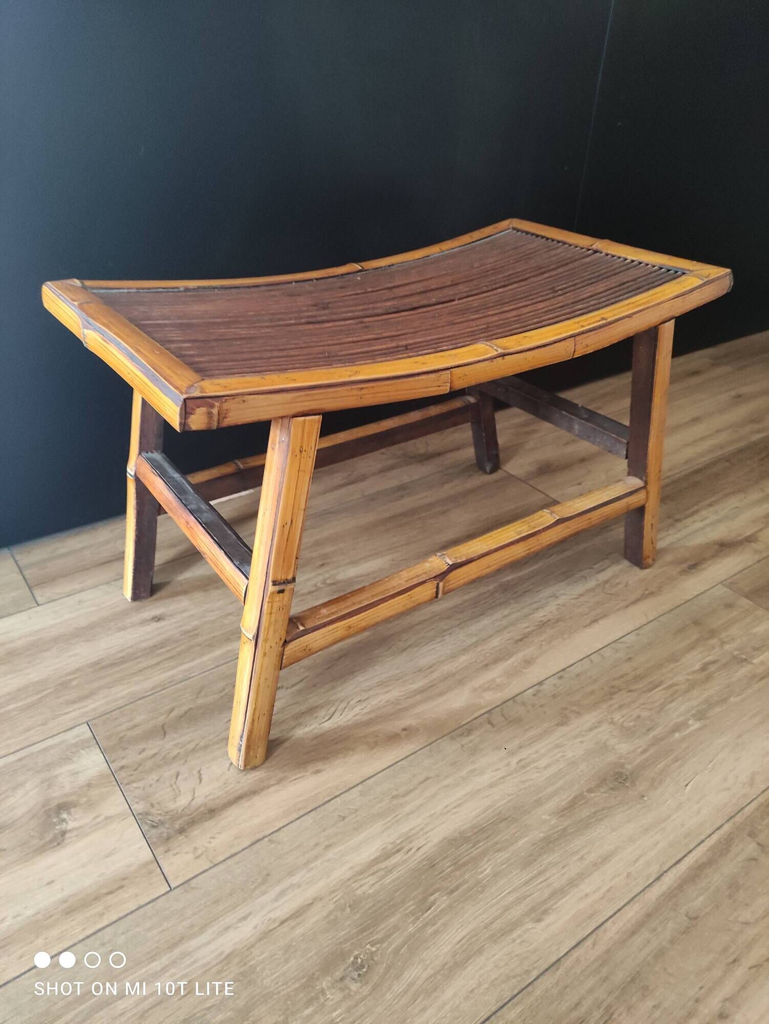 Vintage Asian stool or footrest in honey bamboo and brown rattan