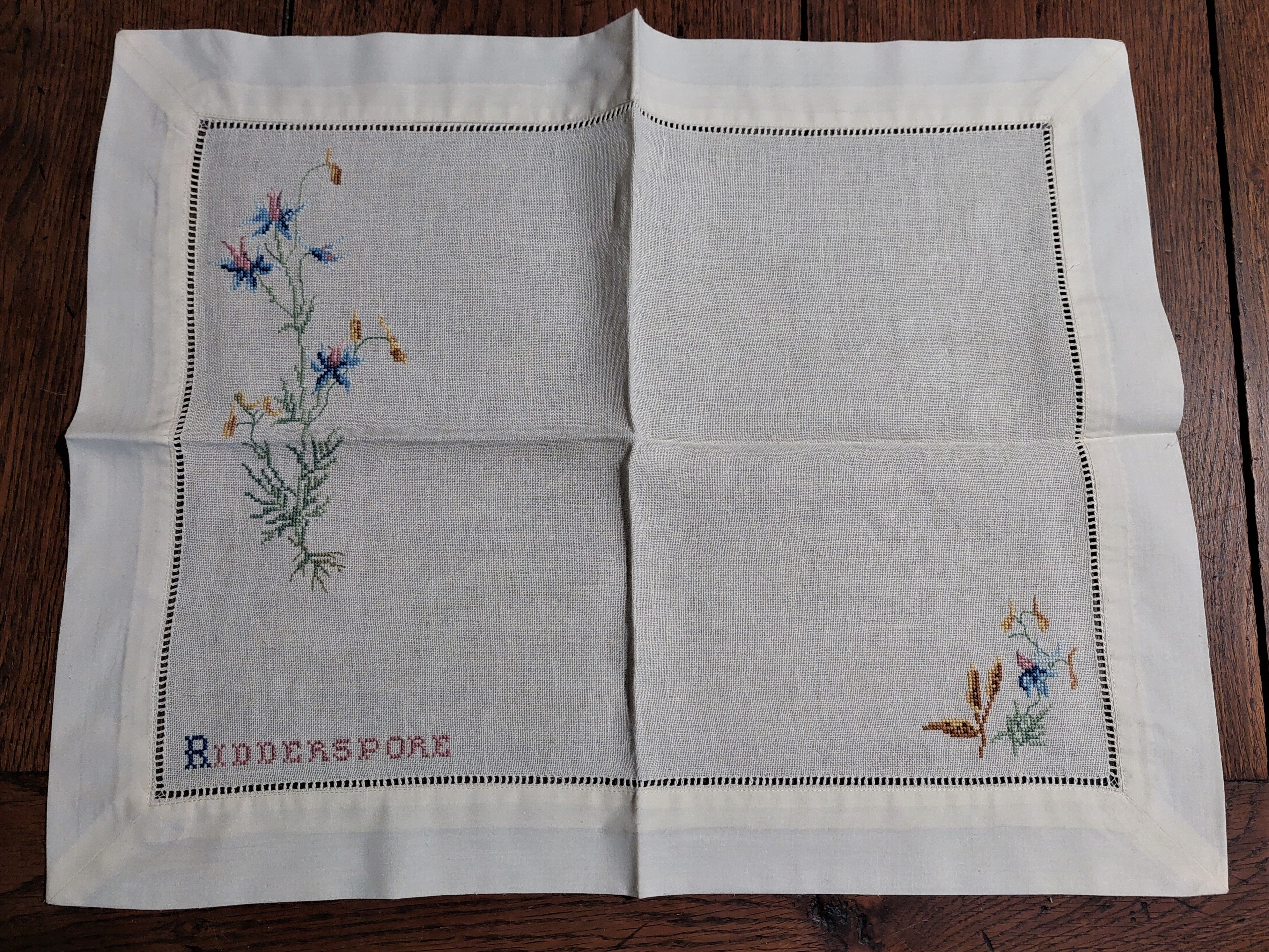 Embroidered placemats in vintage linen field flowers series of seven