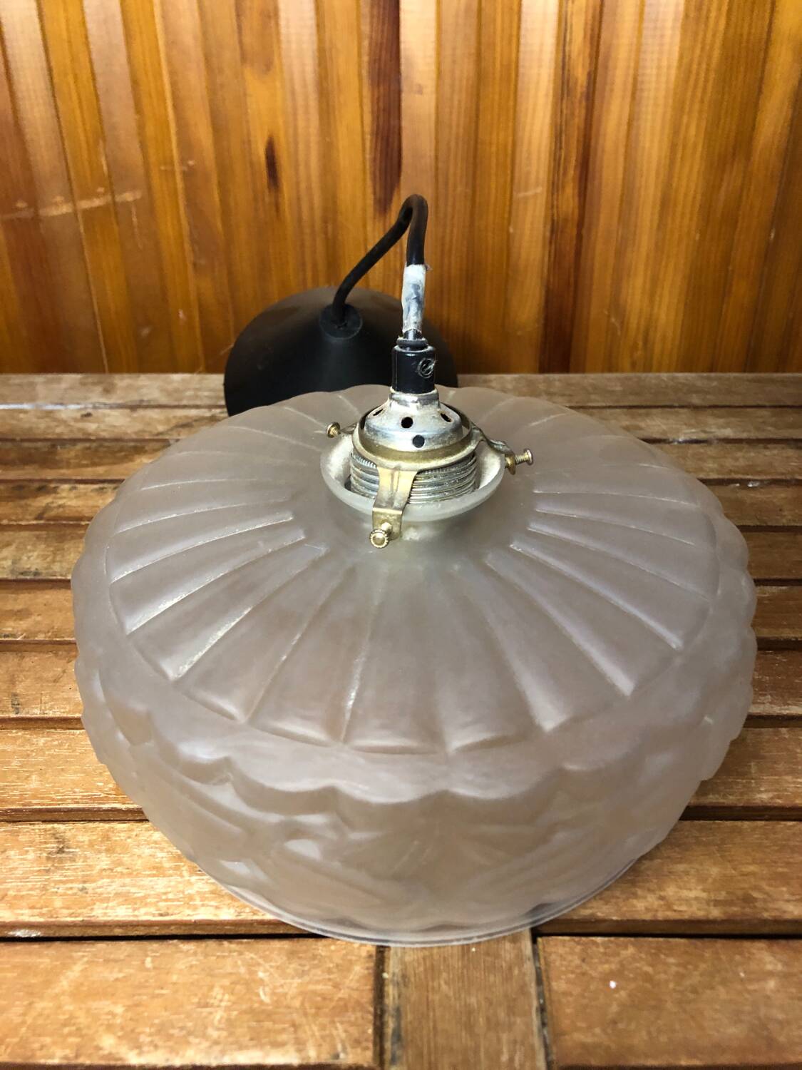 Old Transparent Molded Glass Pendant Lamp + Vintage Brass Support