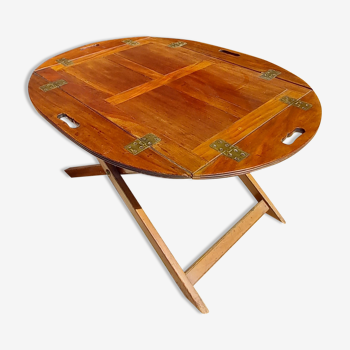 Table basse de bateau, butler en acajou, pieds croisés repliables et plateau amovible