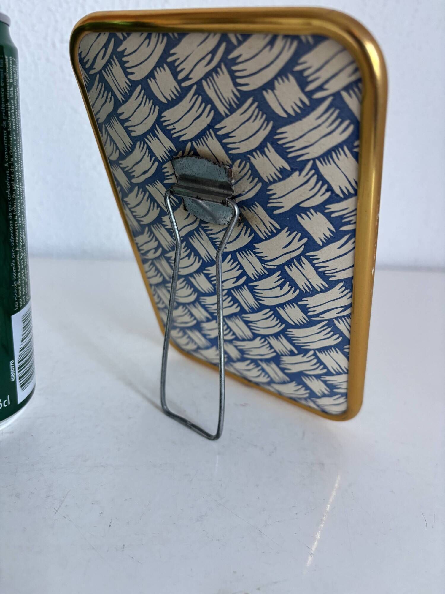 Vintage 1960 barber mirror, shaving or travel, gold and blue - 16 x 11 cm