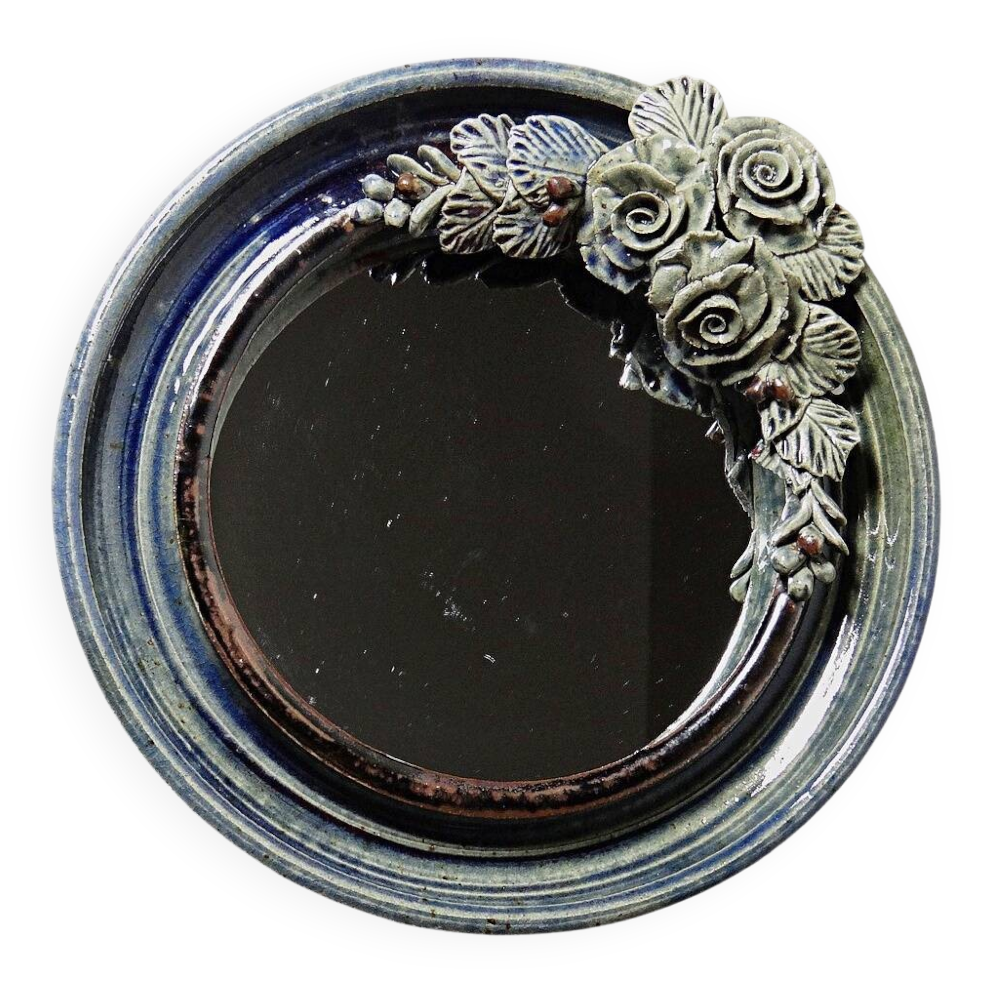 Round wall mirror in blue stoneware La Borne Catido floral decoration 1960 - Accidents