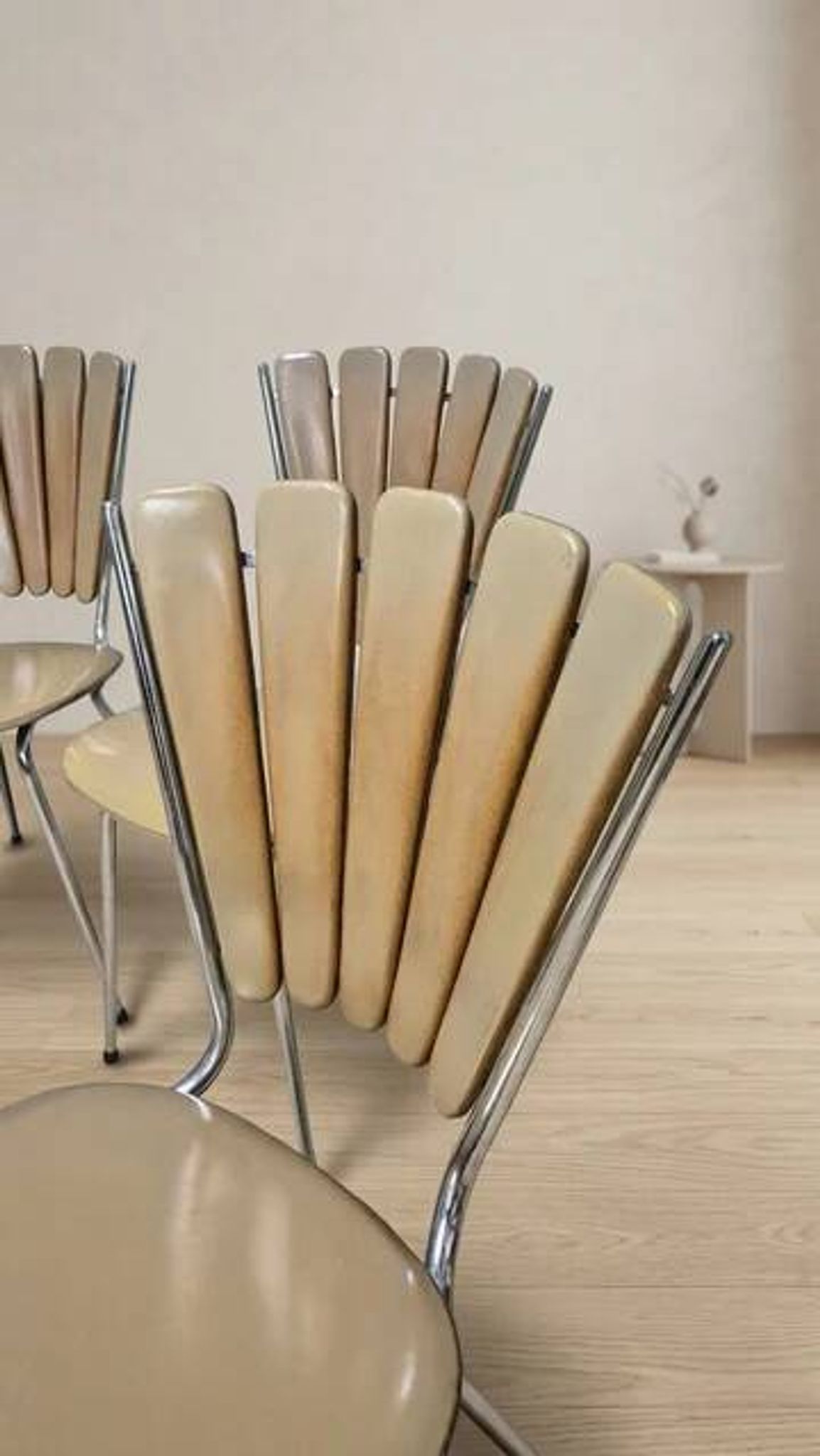Set of 6 vintage fan-back dining chairs with beige leatherette upholstery