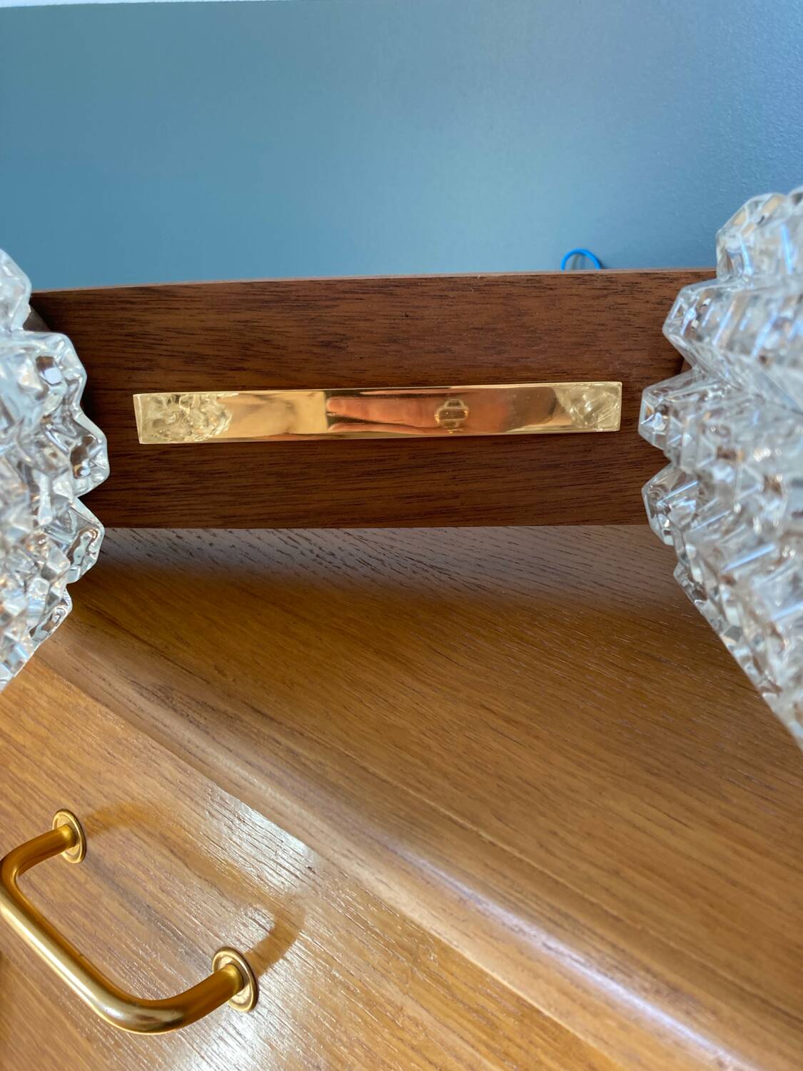 Vintage teak, brass and glass chandelier