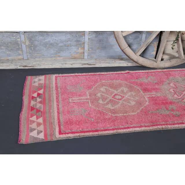 Vintage Turkish Oushak Handmade Wool Cotton Pink Runner Rug 86x306